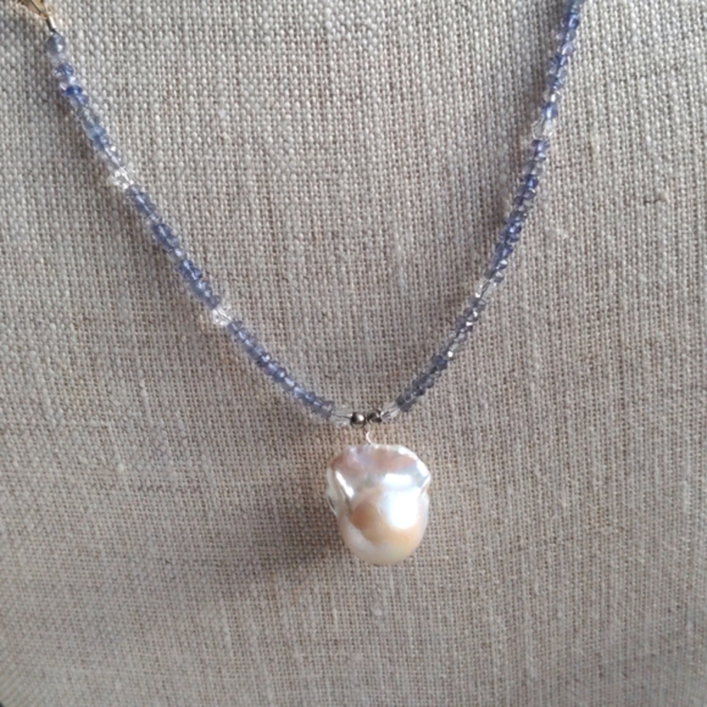 Blue Iolite + pearl Sterling Silver necklace, 20mm baroque pearl, New, Box